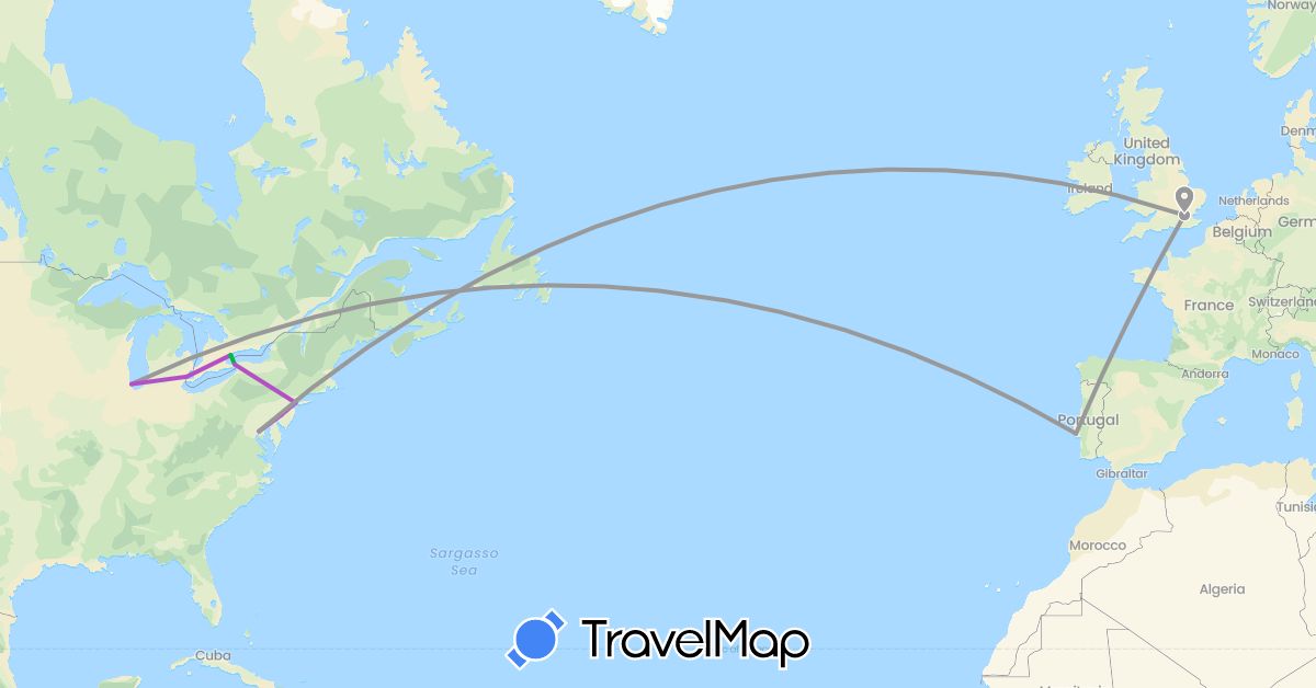 TravelMap itinerary: bus, plane, train in Canada, United Kingdom, Portugal, United States (Europe, North America)